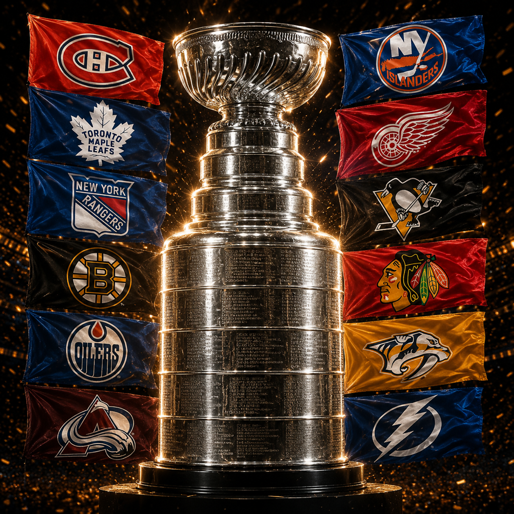 Stanley Cup surrounded by team flags